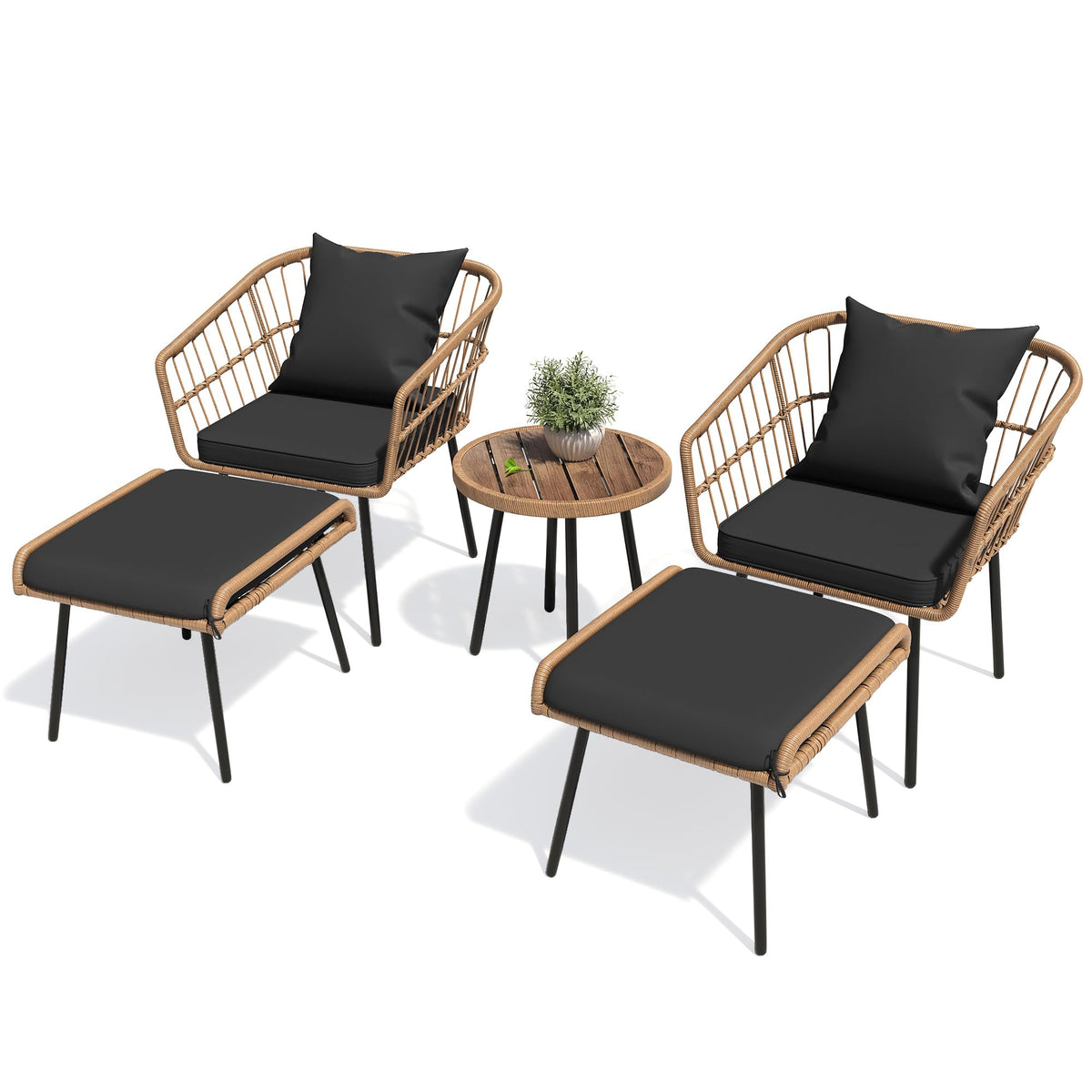 Yitahome 5-Piece Outdoor Wicker Furniture Set, All-Weather Patio Bistro Set With Footrest, Small Patio Conversation Set For Balcony Outside, Outdoor Chairs With Ottomans And Coffee Table - Black