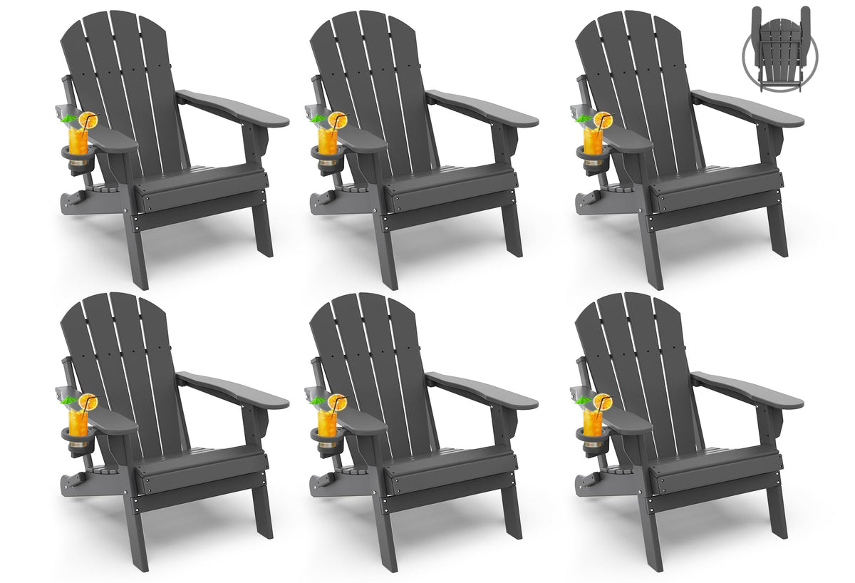 Greenvines Folding-Adirondack-Chairs-Set-Of-6 | Hdpe Plastic | Fire Pit Chair | All Weather | Cup Holder | Grey | For Deck Backyard Patio Outdoor Garden