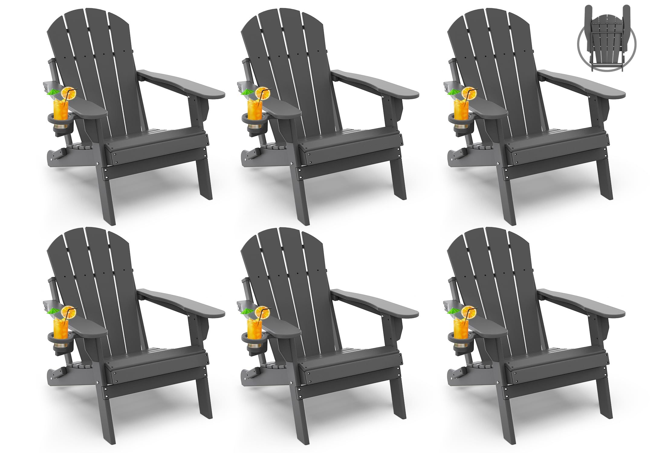 Greenvines Folding-Adirondack-Chairs-Set-Of-6 | Hdpe Plastic | Fire Pit Chair | All Weather | Cup Holder | Grey | For Deck Backyard Patio Outdoor Garden