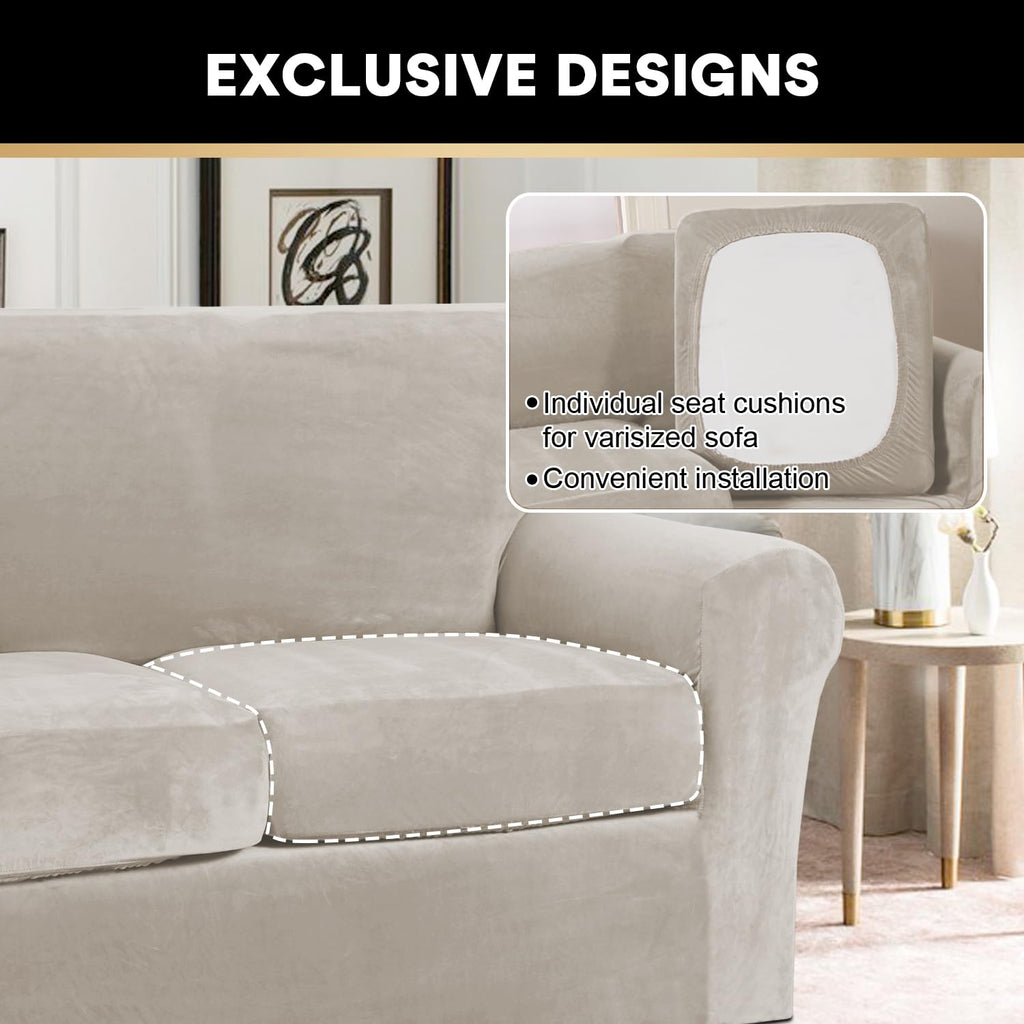 Princedeco 2 Piece Chair Cover Velvet Chair Slipcovers Soft Armchair Cover Furniture Protector With Arms Width Up To 49 Inch Chair Sofa Cover With Individual Cushion Covers(Small, Oatmeal)