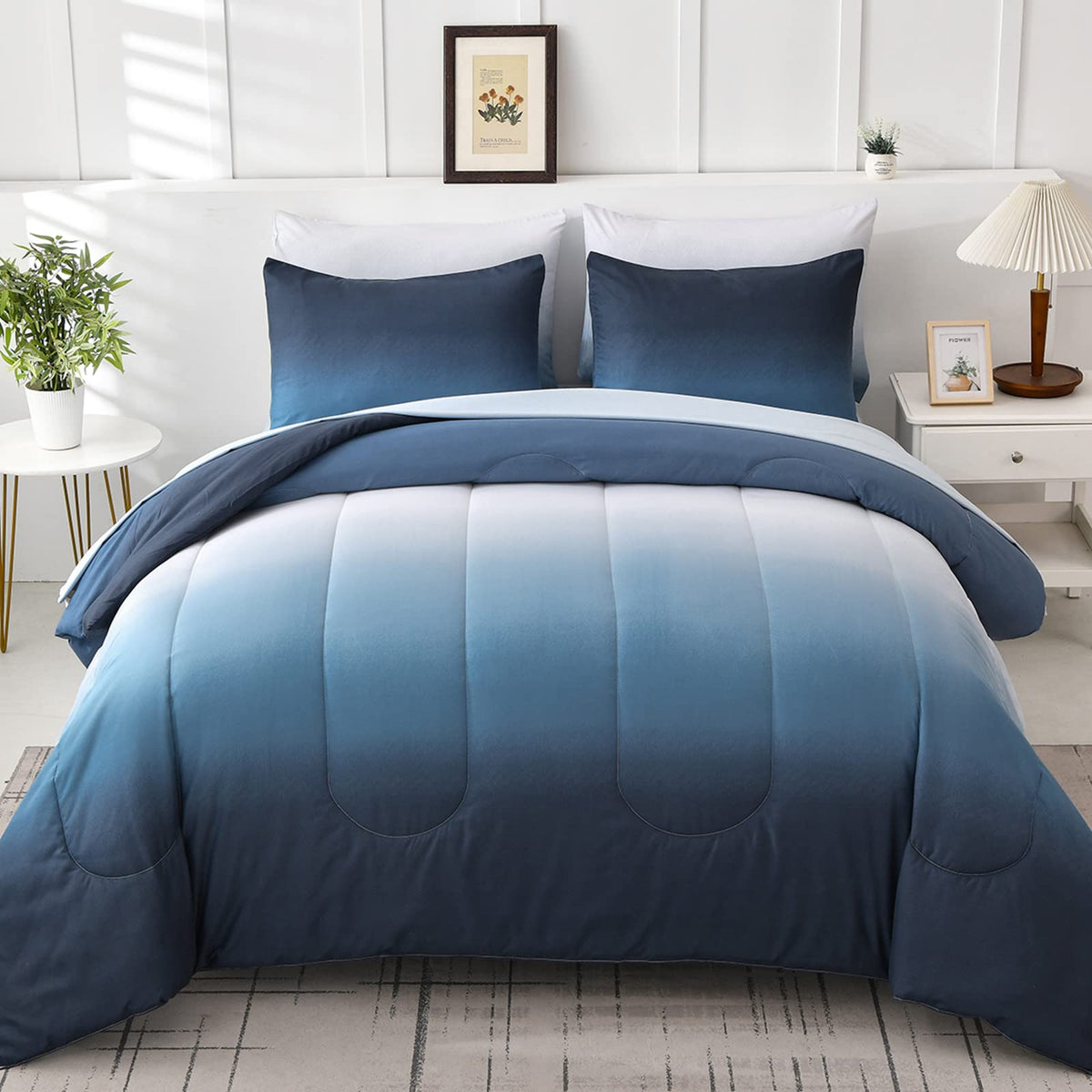 Gradient Blue Queen Comforter Set - 7 Pieces Ombre Navy Blue White Microfiber Bed In A Bag - All Season Down Alternative Light O