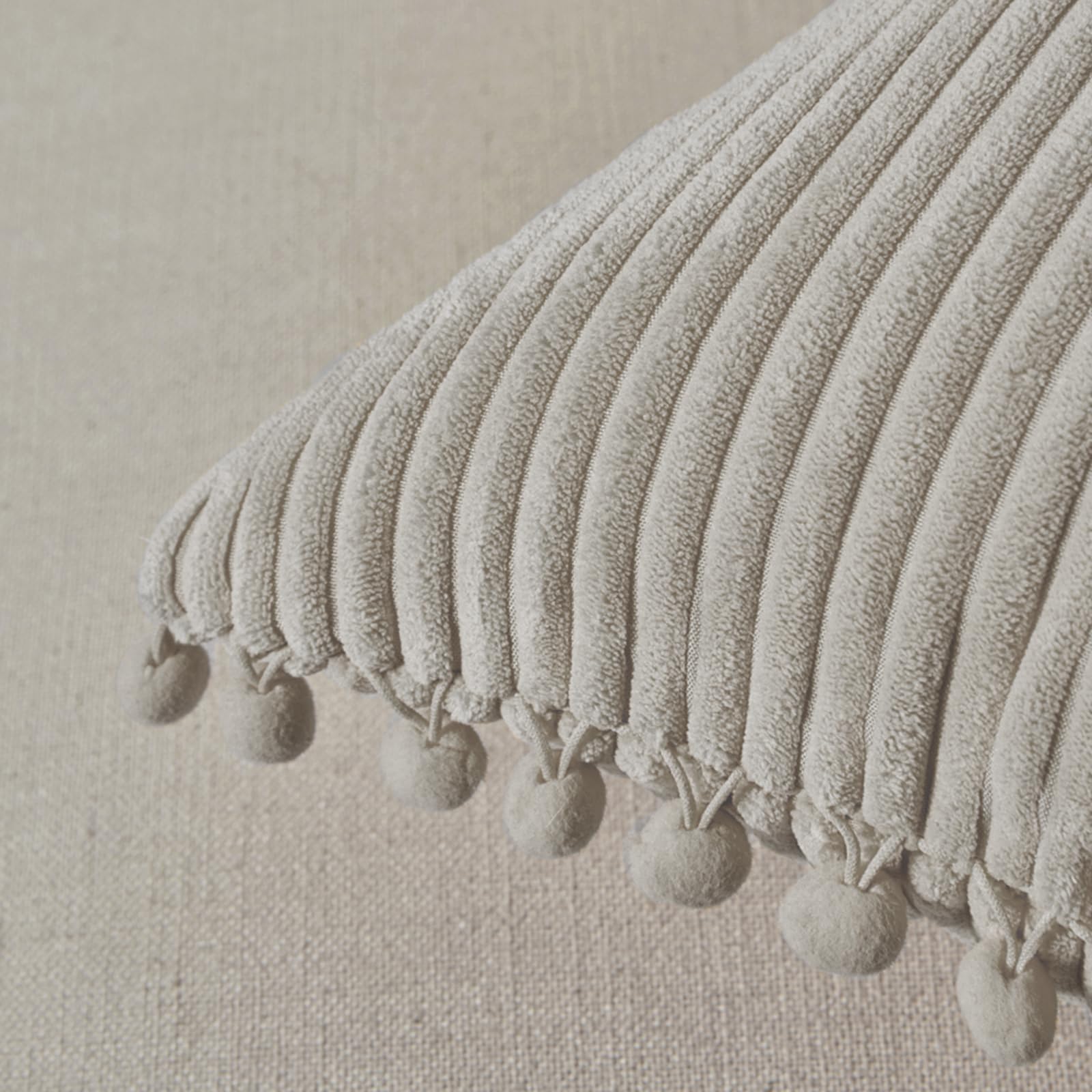 Fancy Homi Pack Of 2 Boho Neutral Taupe Lumbar Decorative Throw Pillow Covers With Pom-Poms, Soft Corduroy Solid Rectangle Cushi