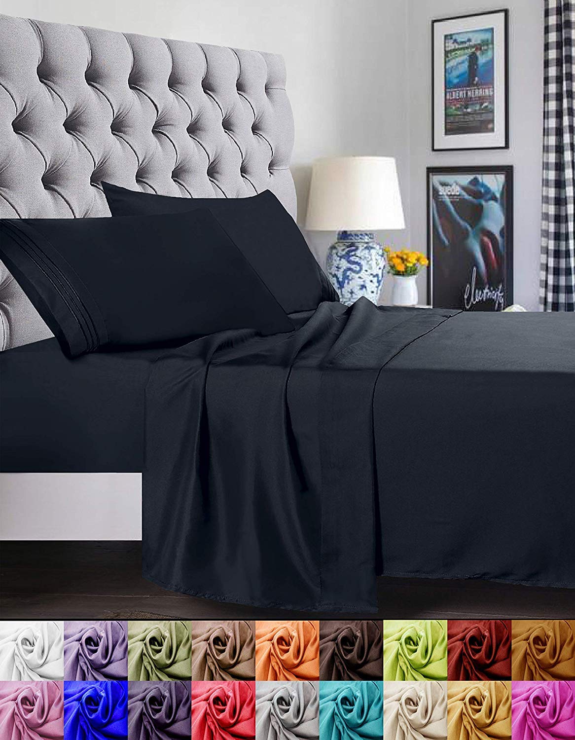 Elegant Comfort 1500 Premier Luxury Hotel Quality Super Soft Wrinkle Free And Fade Resistant 4-Piece Bed Sheet Set, Queen Black