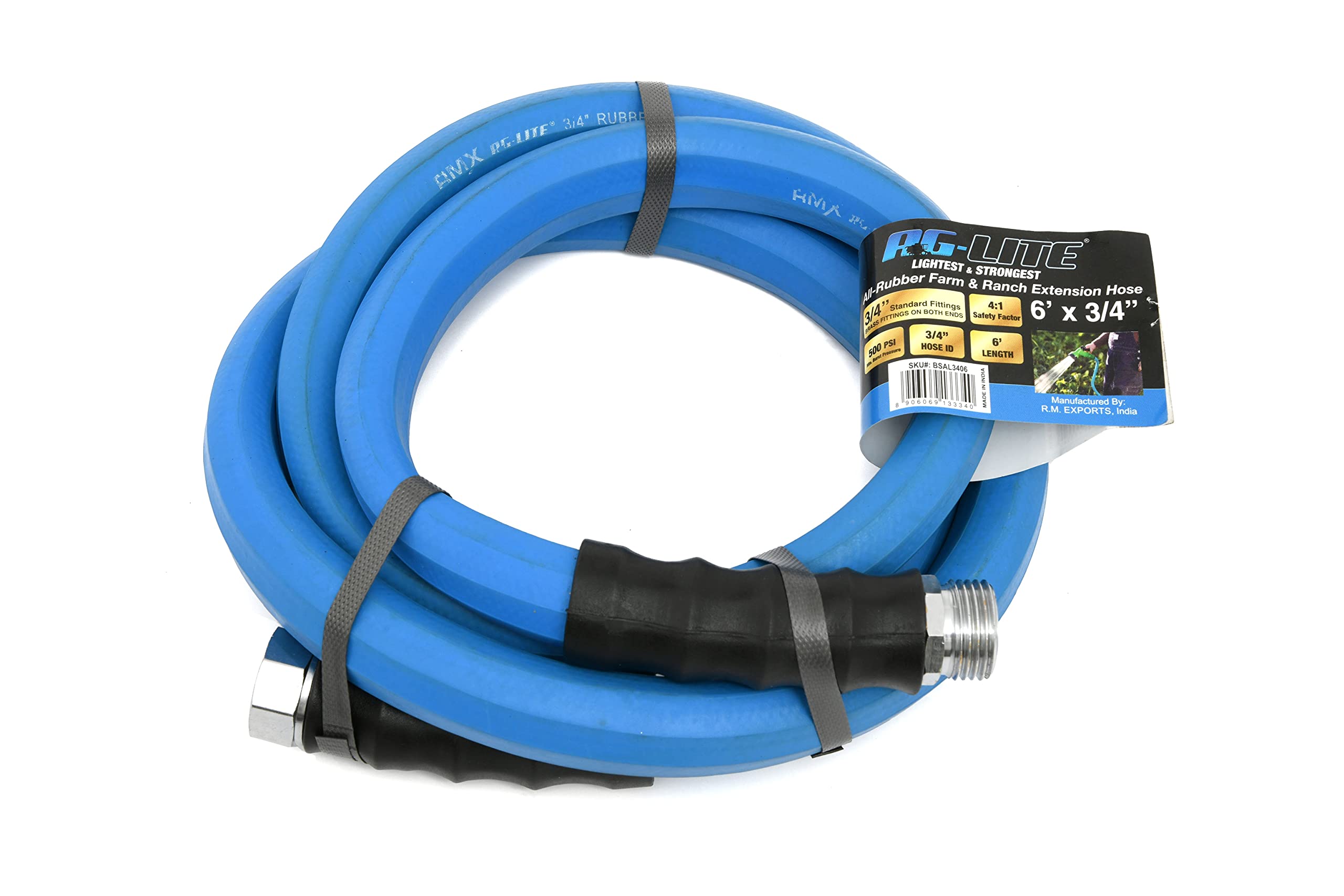 Ag-Lite Bsal3406 3/4' X 06' Hot/Cold Water Rubber Garden Hose, 100% Rubber, Ultra-Light, Super Strong, 500 Psi, 50F To 190F Deg