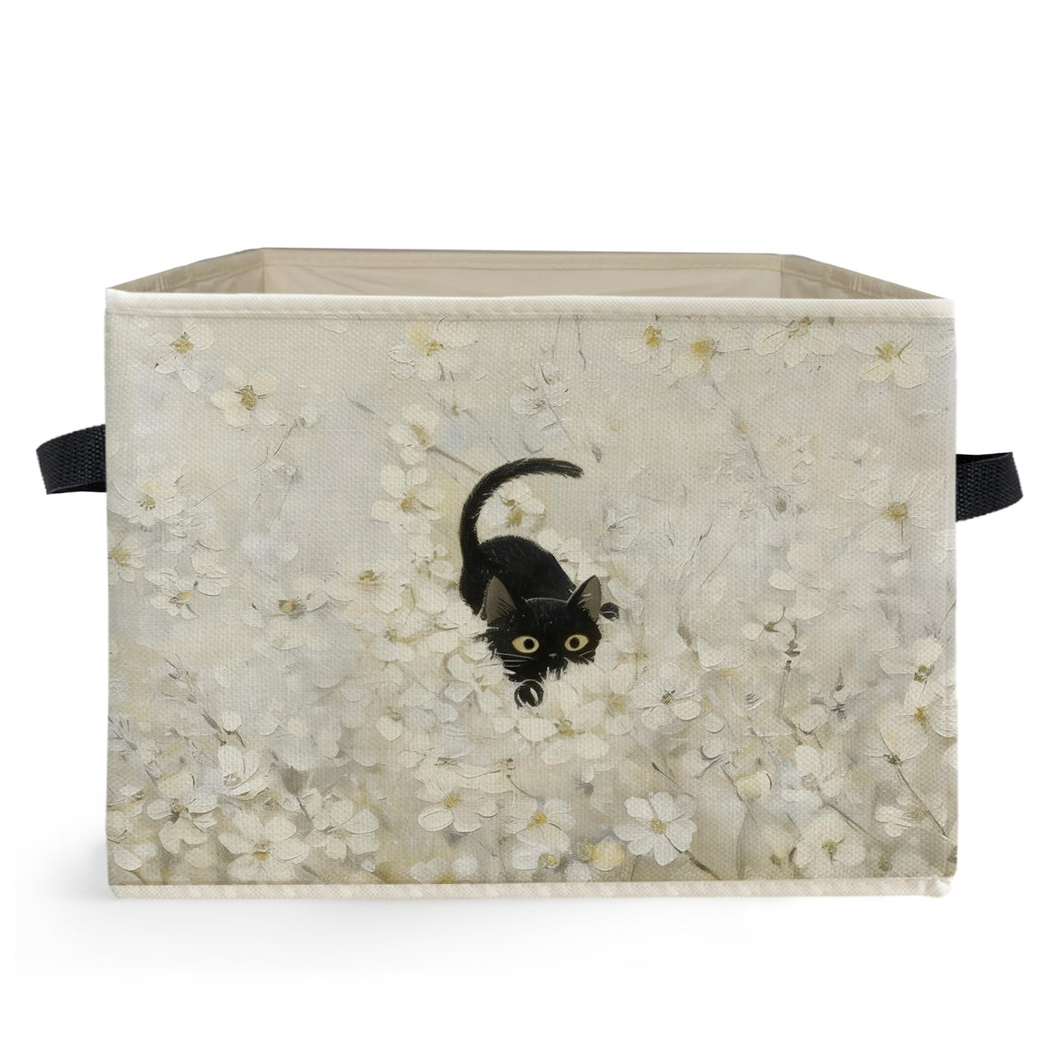 Ghoaoivo Neutral Floral Black Cat Storage Box Bins, Whimsical Botanical Black Cat Collapsible Storage Basket Organizer for Bedro
