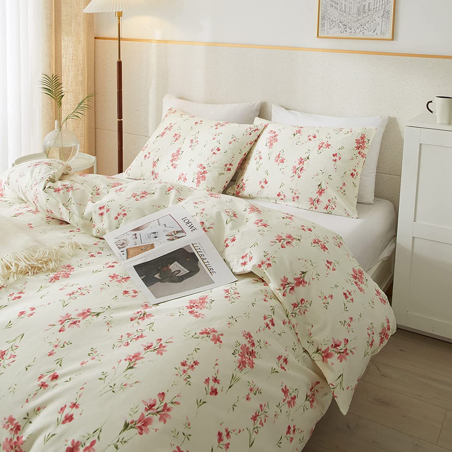 Boho Floral Duvet Cover Full Soft Cotton Girls Pink Floral Bedding Set Chic Garden Style Cute Flower Pattern Duvet Cover Vintage