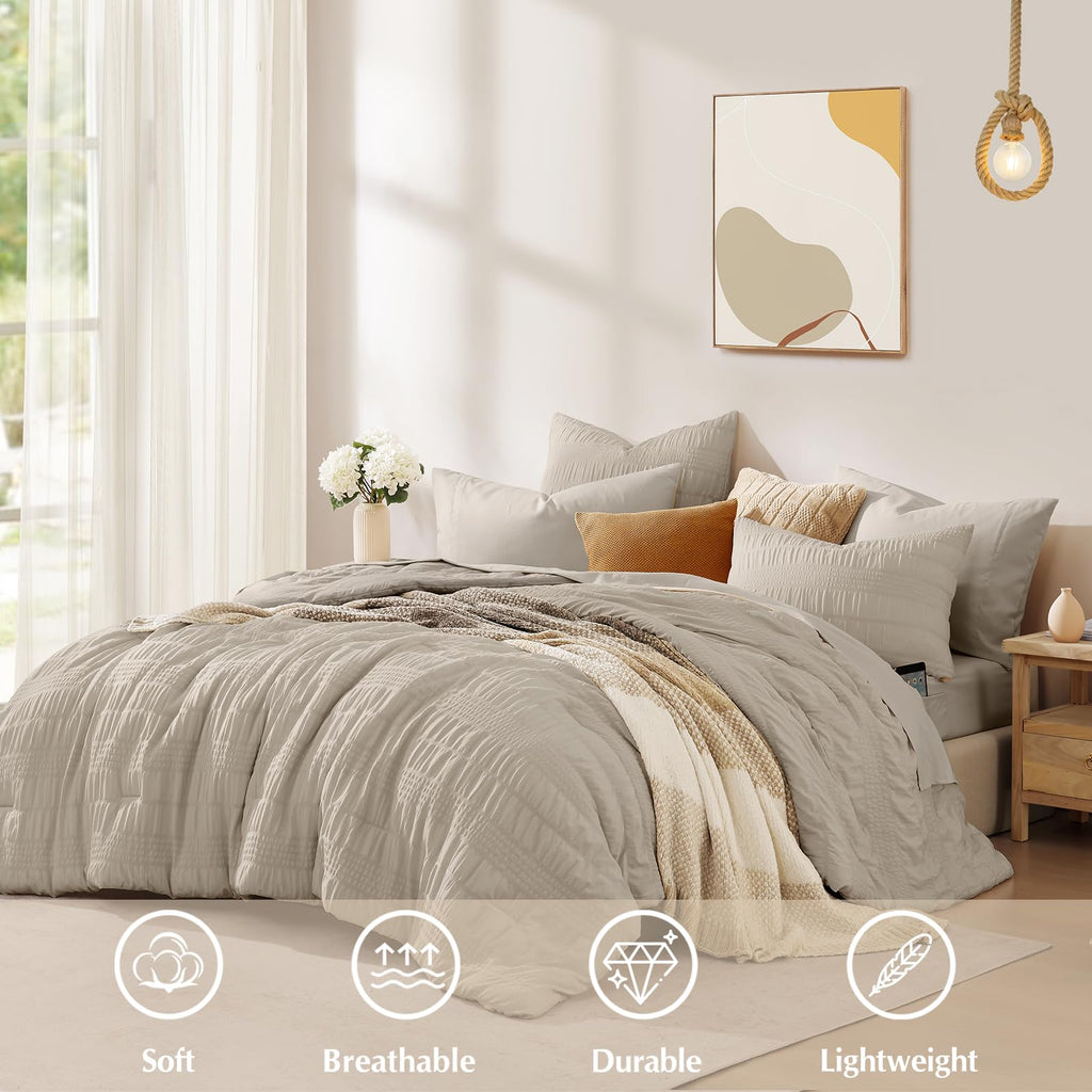 Casaagusto Queen Comforter Set, 7 Pieces Oatmeal Seersucker Bed In A Bag Queen Size Soft All Seasons, Bedding Sets With Comforte