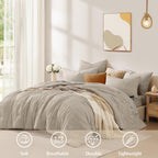 Casaagusto Queen Comforter Set, 7 Pieces Oatmeal Seersucker Bed In A Bag Queen Size Soft All Seasons, Bedding Sets With Comforte