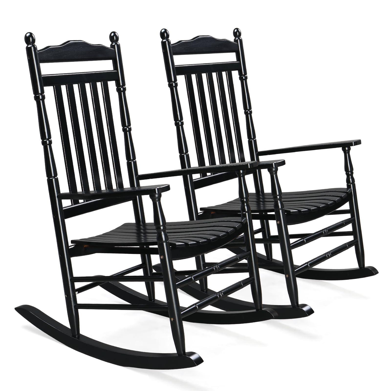 Vingli 2 Pcs Wood Rocking Chair Outdoor With 450 Lbs Support Relaxing Rocker Solid Wood High Back Seat Reclining Seat For Deck, Garden, Backyard, Porch, Indoor Or Outdoor Use, Black