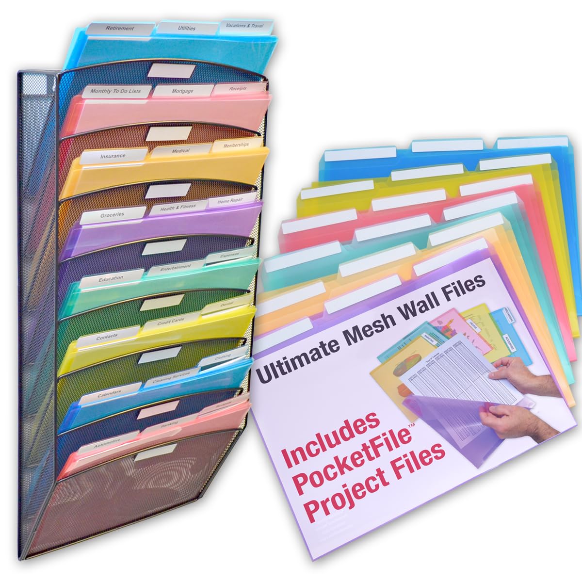 Ultimate Office Mesh Wall File Organizer, 8 Tier Vertical Mount Hanging File Sorter. Multipurpose Display Rack Includes 18, 3Rd