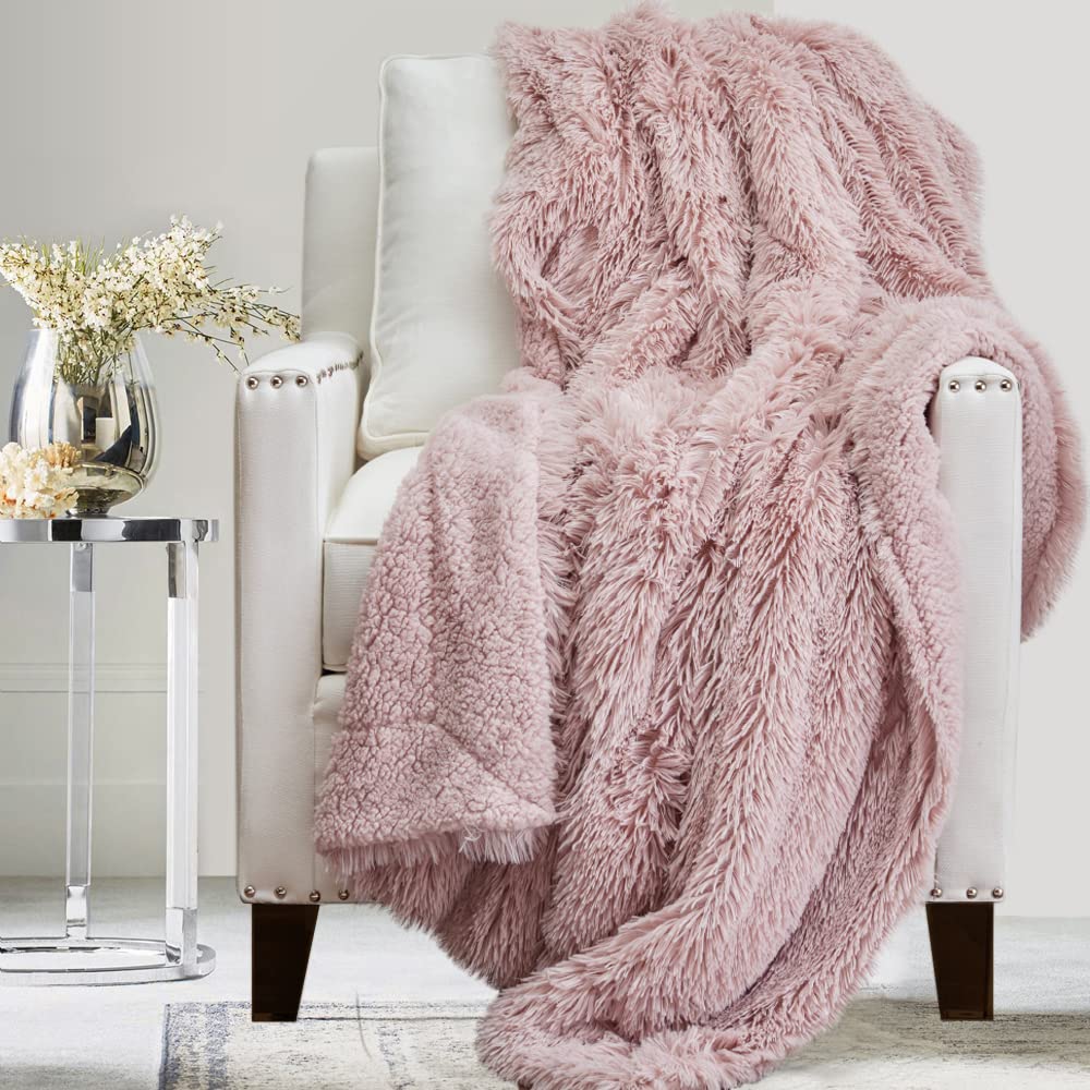 The Connecticut Home Company Throw Blanket, Soft Plush Reversible Shag And Sherpa, Queen 90X90, Warm Thick Throws For Bed, Comfy