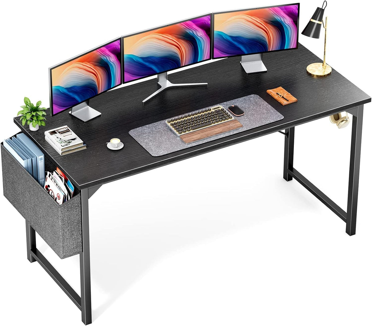 Olixis Computer Desk 63 Inch Home Office Work Study Writing Student Kids Bedroom Wood Modern Simple 2 Person Pc Table With Storage Bag & Headphone Hooks, Black