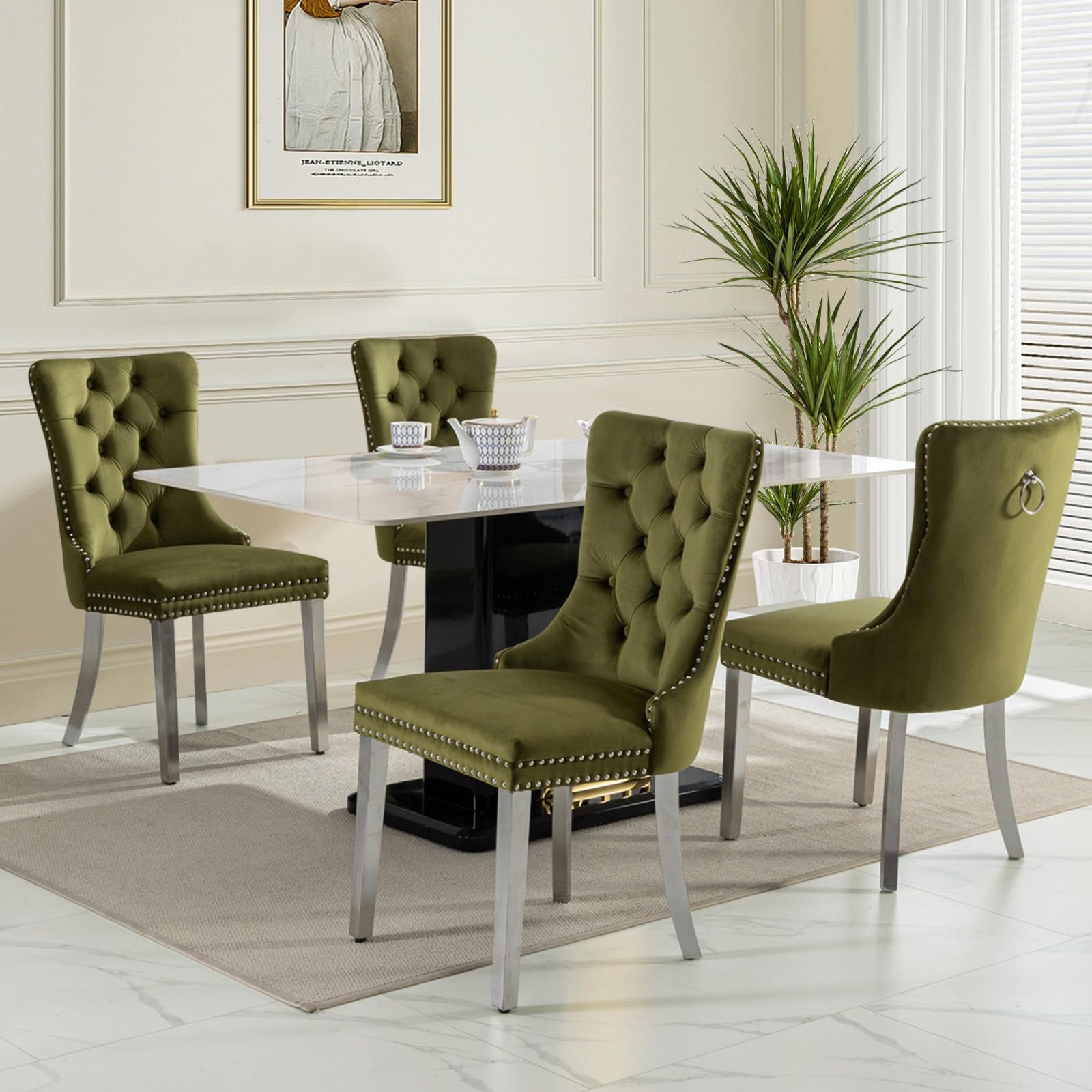 Soarflash Velvet Dining Chairs Set Of 4, Tall Back Side Chair, Modern Upholstered Side Chair With Button Back Ring, Silver Plate