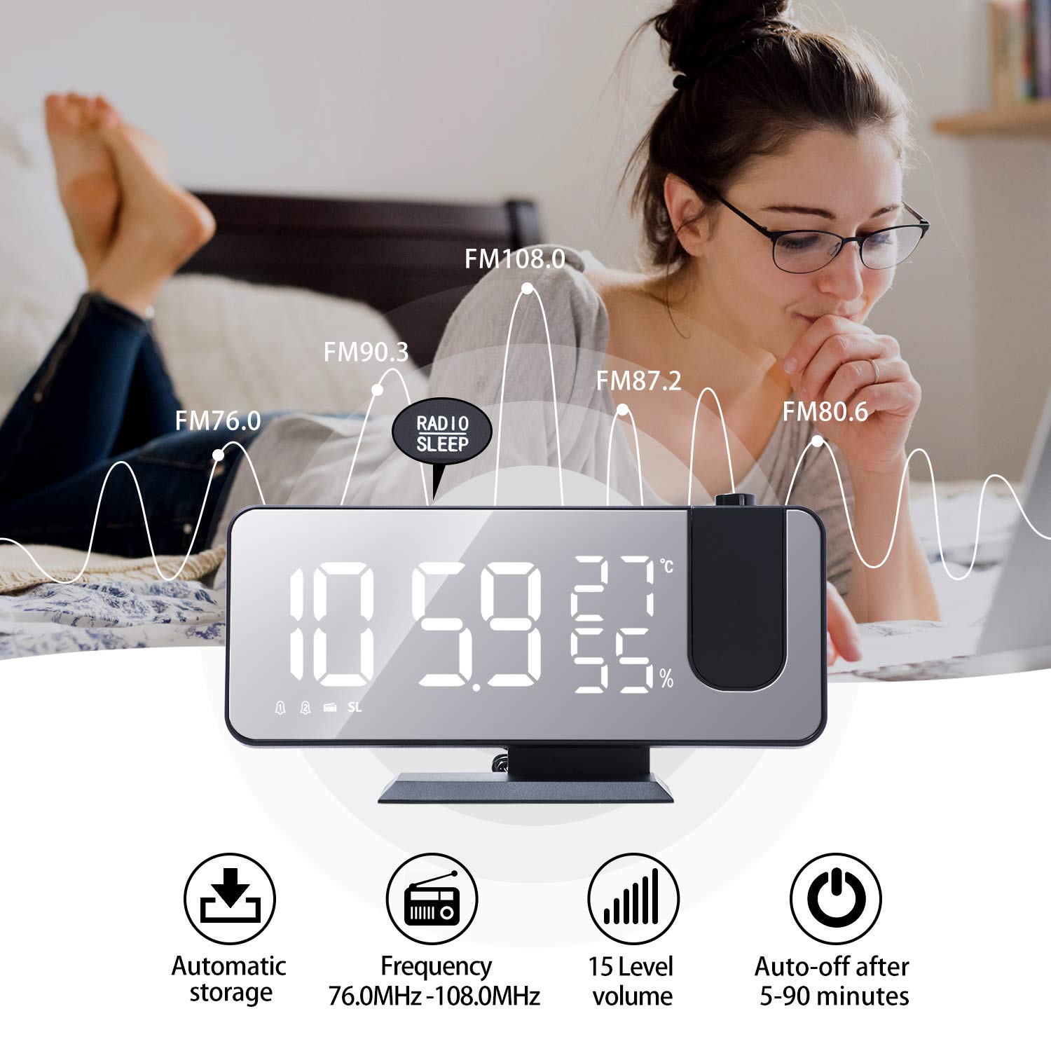 Evilto Projection Alarm Clock For Bedroom Ceiling Digital Radio With Usb Charger Ports, 7.3'' Large Led Screen, 4 Dimmer, Dual A