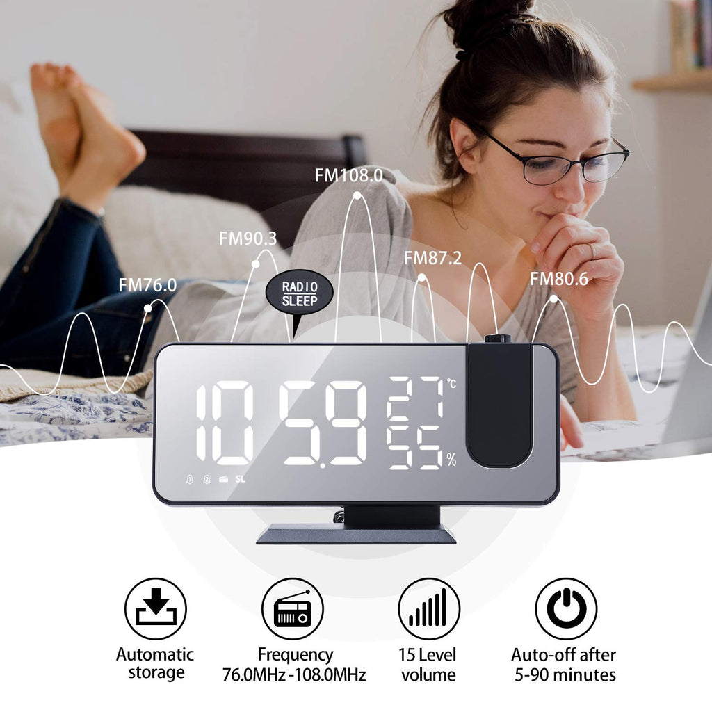 Evilto Projection Alarm Clock For Bedroom Ceiling Digital Radio With Usb Charger Ports, 7.3'' Large Led Screen, 4 Dimmer, Dual A