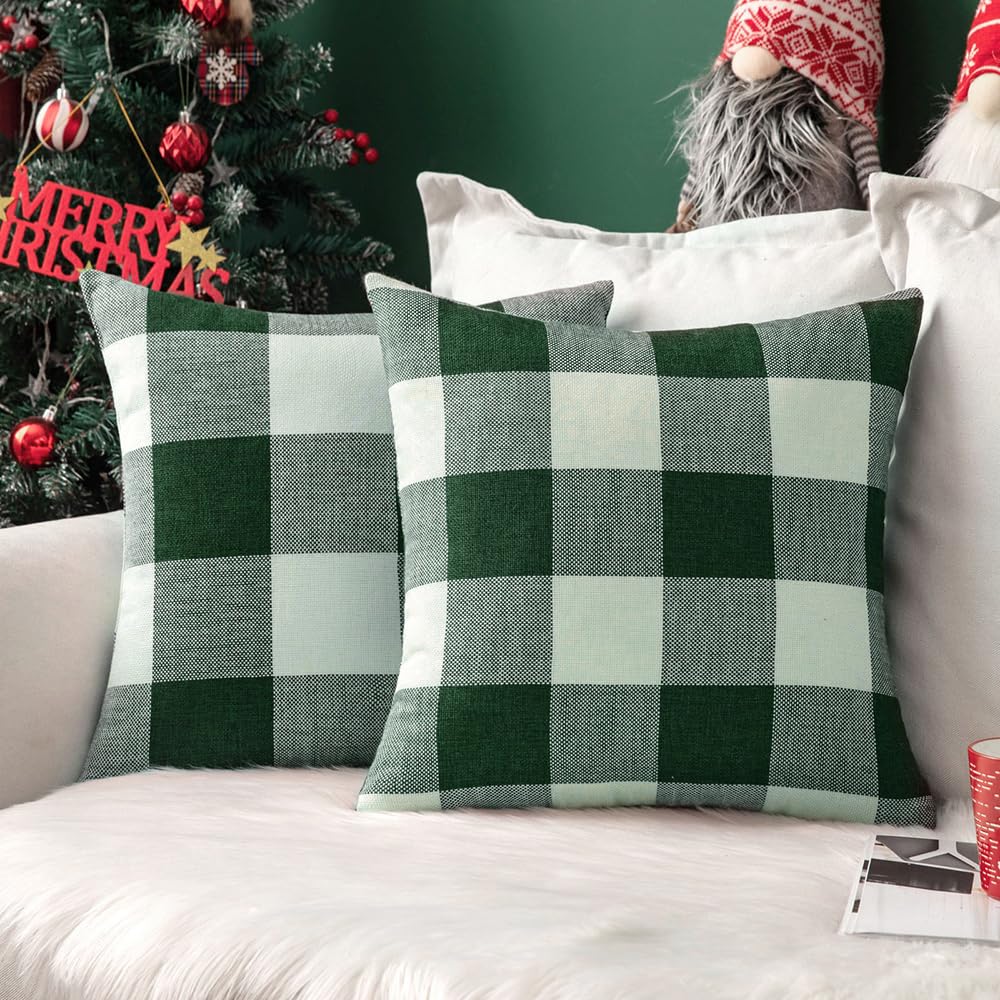 Miulee Pack Of 2 Christmas Classic Retro Checkers Plaids Polyester Linen Soft Solid Green And White Decorative Throw Pillow Cove