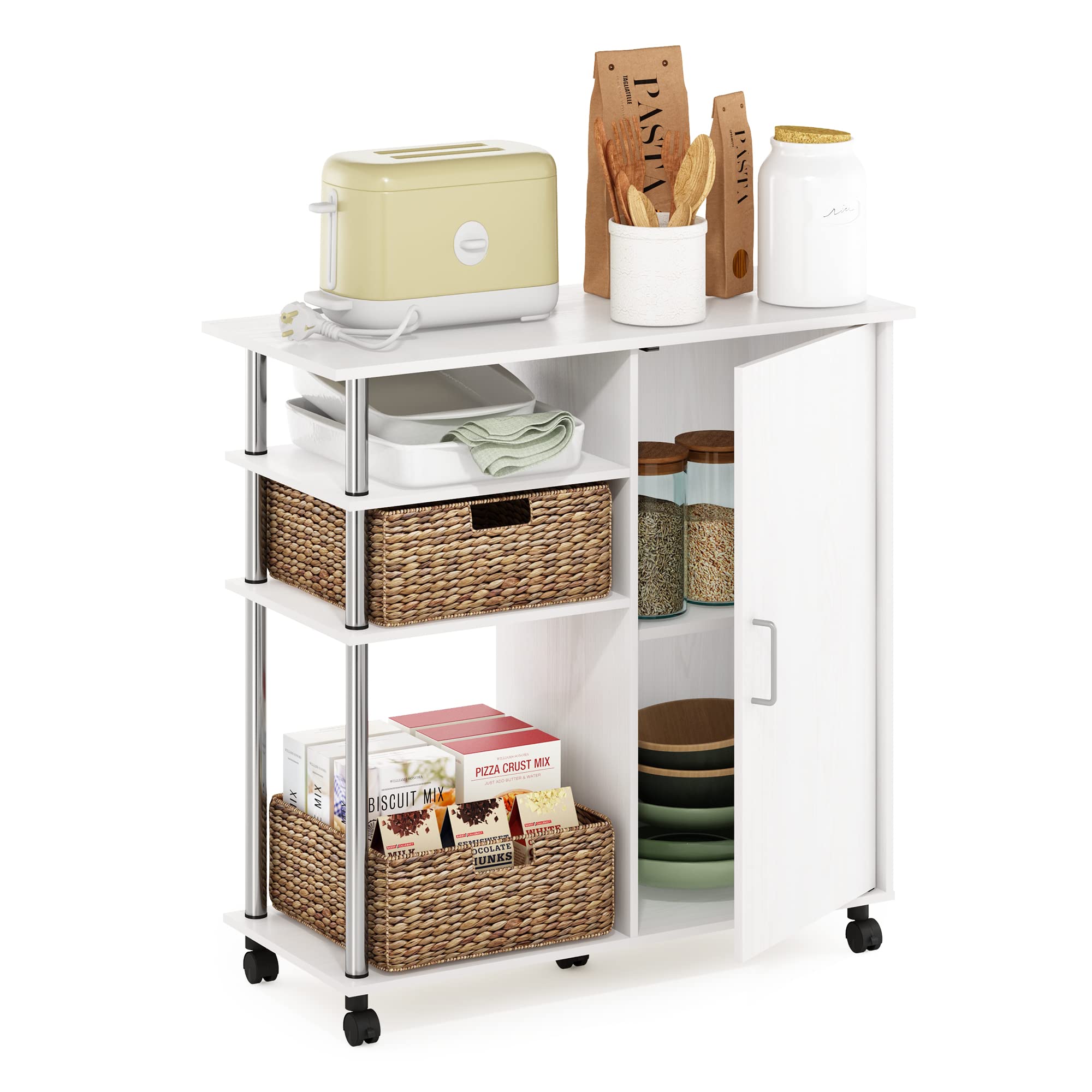 Furinno Helena Utility Kitchen Island And Storage Cart On Wheels, 4-Tier, Stainless Steel Tubes, White Oak/Chrome