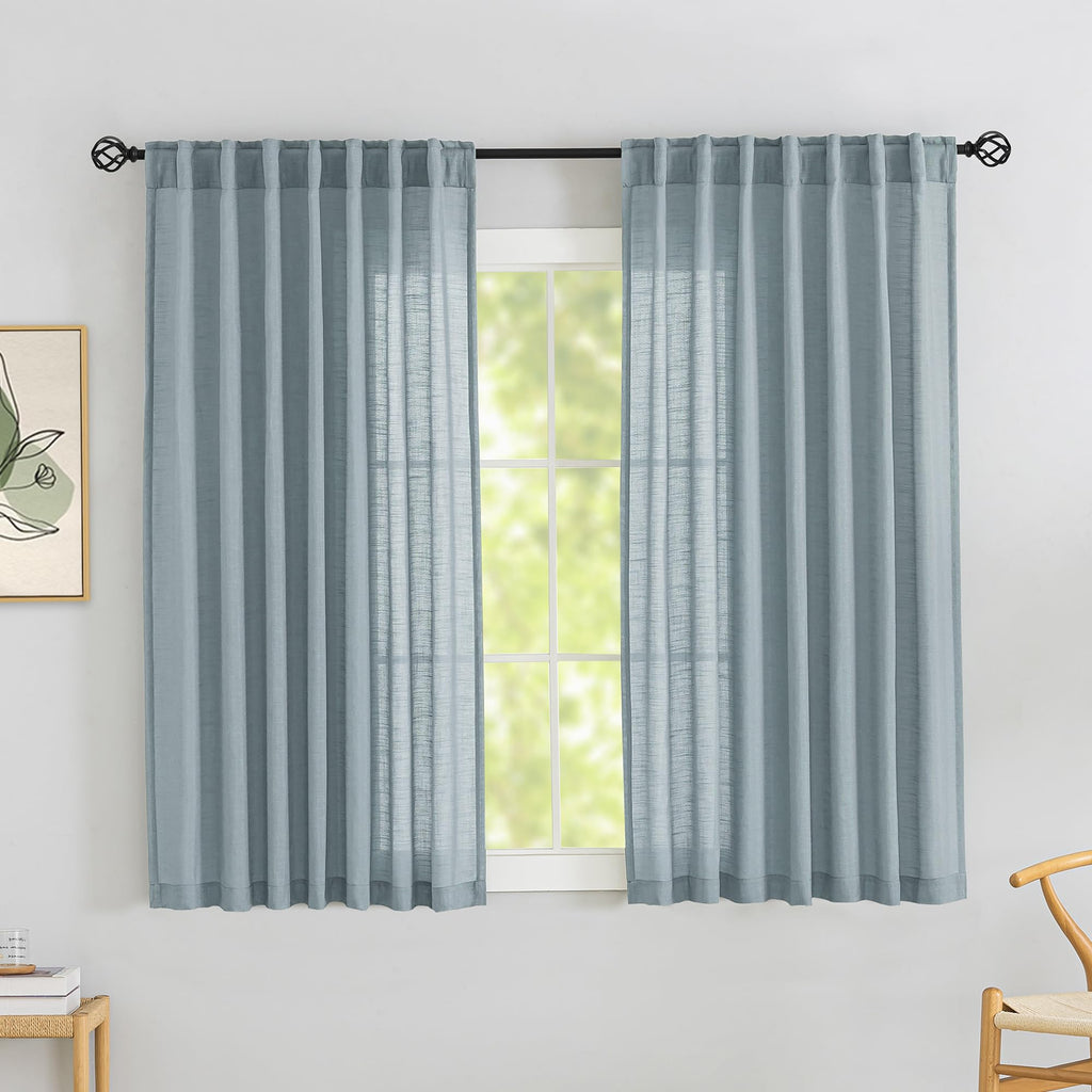 Donren Stone Blue Linen Back Tab Curtains 72 Inches Long 2 Panels Set For Guest Room - Modern Country Rod Pocket Semi Sheer Privacy Drapes Hooks Belt Pleated Light Filtering Playroom Curtains