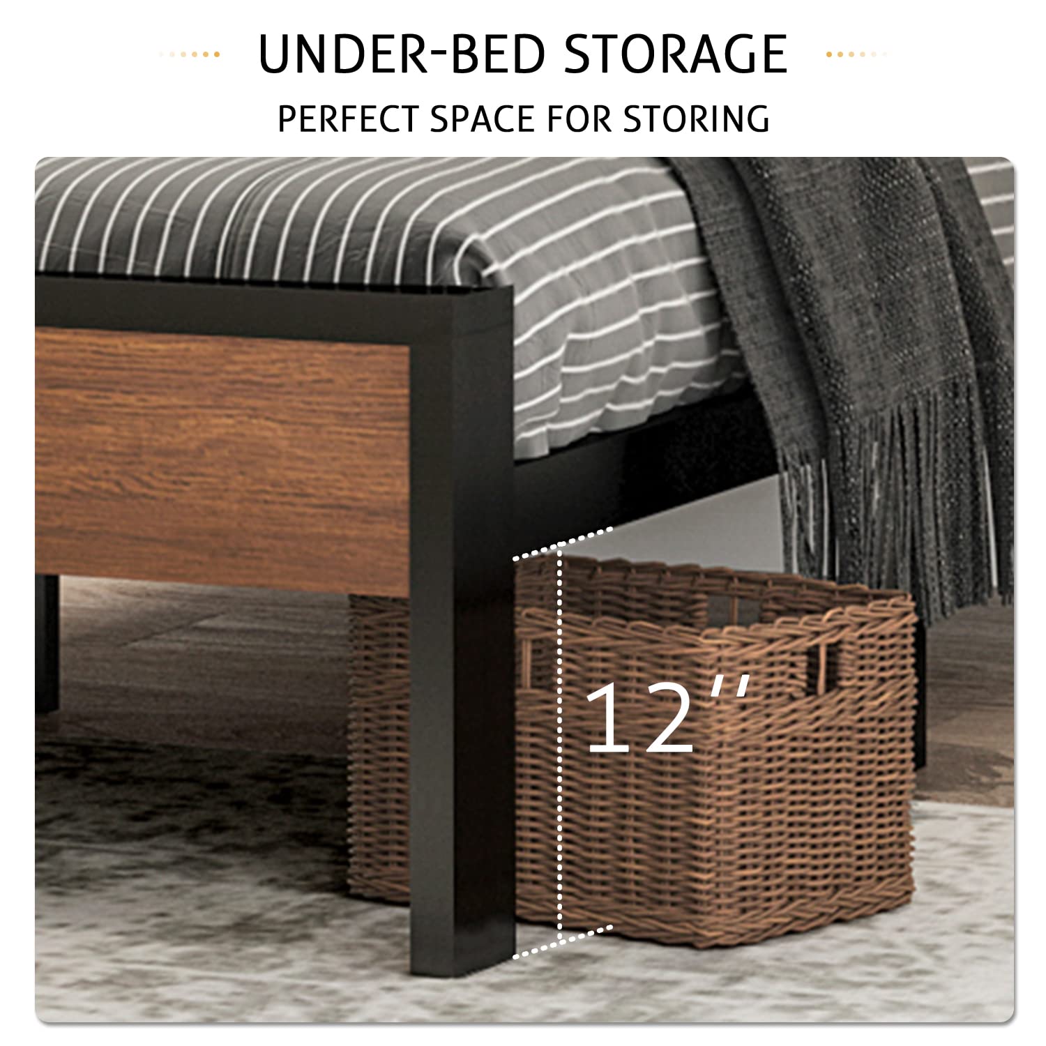 Sha Cerlin 14 Inch Queen Size Metal Platform Bed Frame With Wooden Headboard And Footboard, Mattress Foundation, No Box Spring Needed, Large Under Bed Storage, Non-Slip Without Noise, Walnut