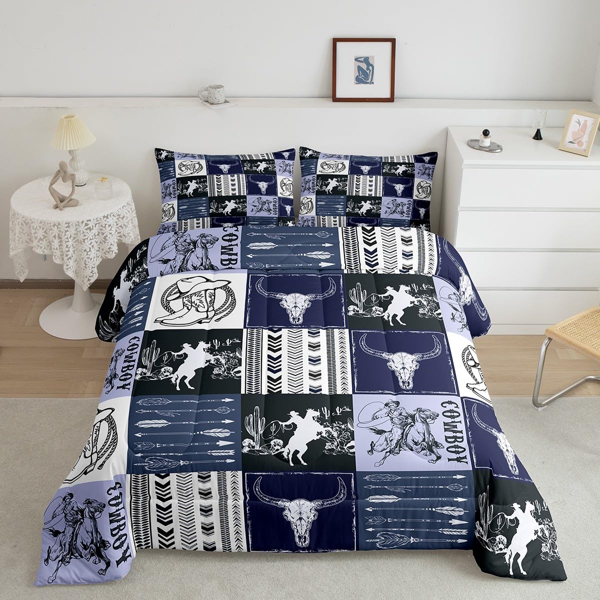 Manfei Cowboy Comforter Set Full Size, Horse Bull Skull Cowboy Boots Hat Bedding Set 3Pcs, Kids Boys Teens Room Decor, Boho Navy