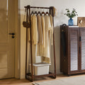 Cttasty Solid Wood Clothing Rack with Shelf, Freestanding Garment Rack with Hooks, Rubberwood Clothes Organizer for Bedroom Entr