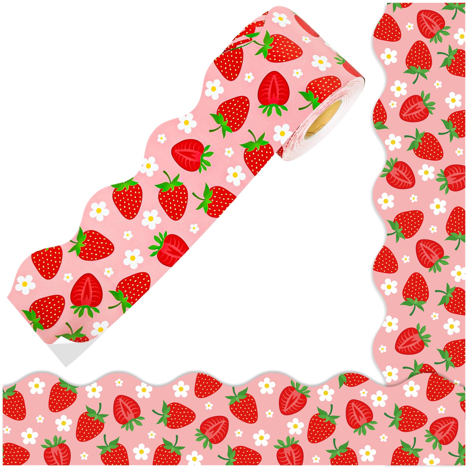 Whaline 66Ft Strawberry Fruit Bulletin Board Borders Self-Adhesive Strawberry Daisy Flower Trim Border Stickers Roll For School