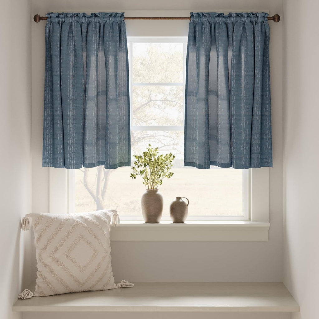 Jinchan Boho Kitchen Curtains Linen Tier Curtains 36 Inch Bohemian Cafe Curtains Geometric Striped Small Window Curtains Light Filtering Farmhouse Country Rustic For Rv Bathroom 2 Panels Blue
