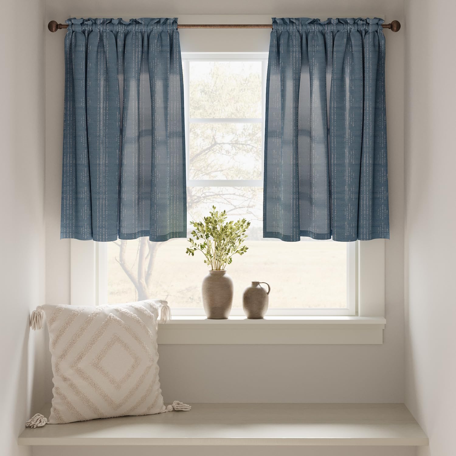Jinchan Boho Kitchen Curtains Linen Tier Curtains 36 Inch Bohemian Cafe Curtains Geometric Striped Small Window Curtains Light Filtering Farmhouse Country Rustic For Rv Bathroom 2 Panels Blue