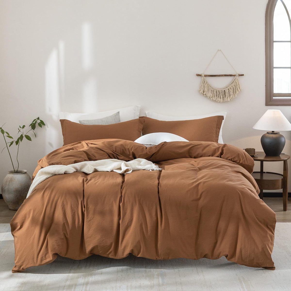 Warm Moment 100% Washed Cotton Dark Orange Duvet Cover Queen Size Bedding Set Cover 1 Duvet Cover With Zipper Closure And 2 Pill