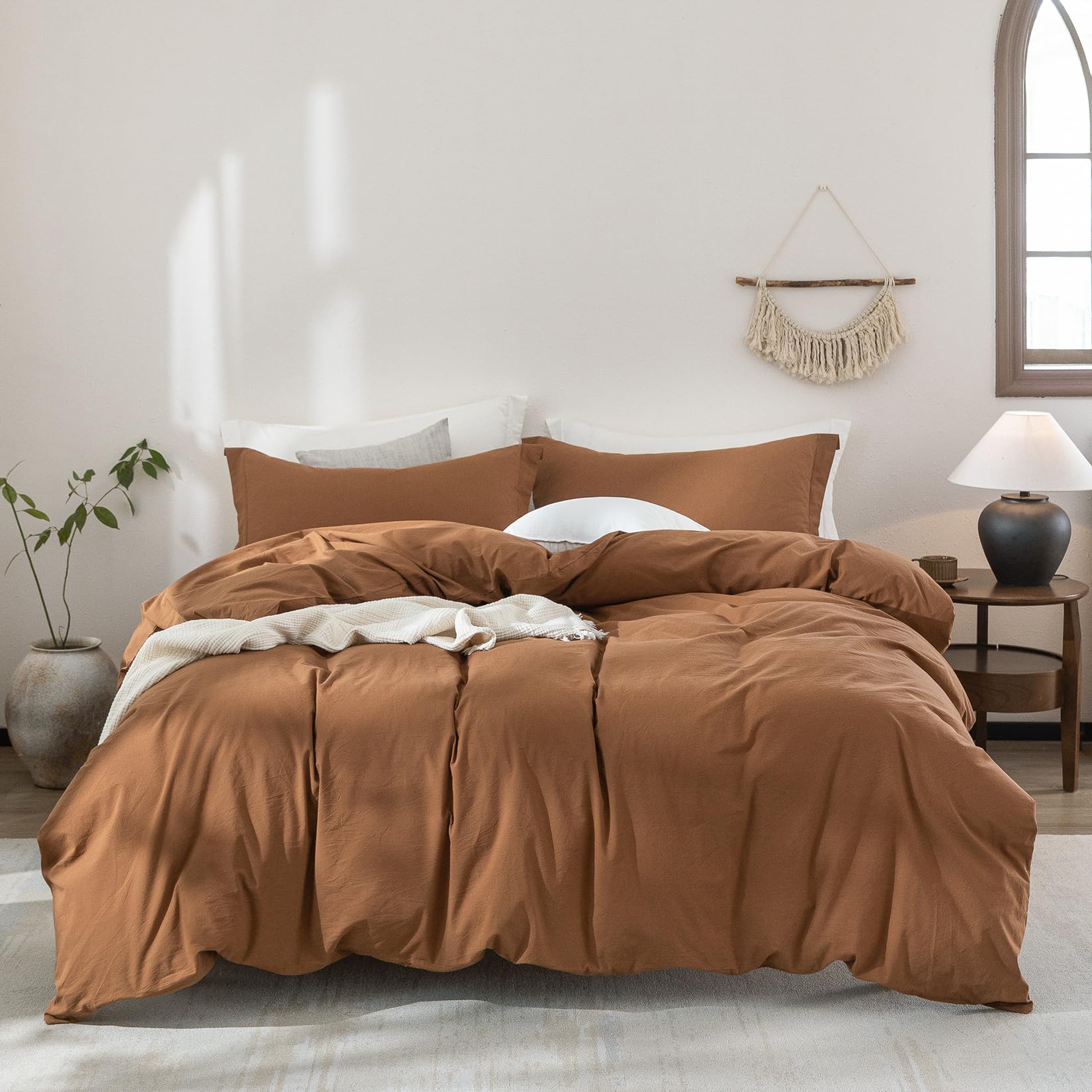 Warm Moment 100% Washed Cotton Dark Orange Duvet Cover California King Size Bedding Set Cover 1 Duvet Cover With Zipper Closure