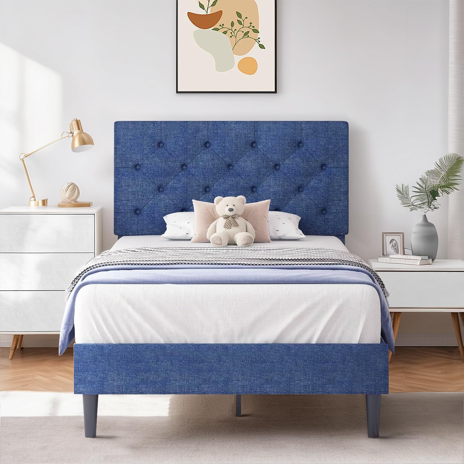 Hombck Twin Size Bed Frame With Adjustable Headboard, Blue Linen Fabric Upholstered Bed Frame For Kids, Strong Wood Slat Support, Button Tufted Design, No Box Spring Needed, Blue