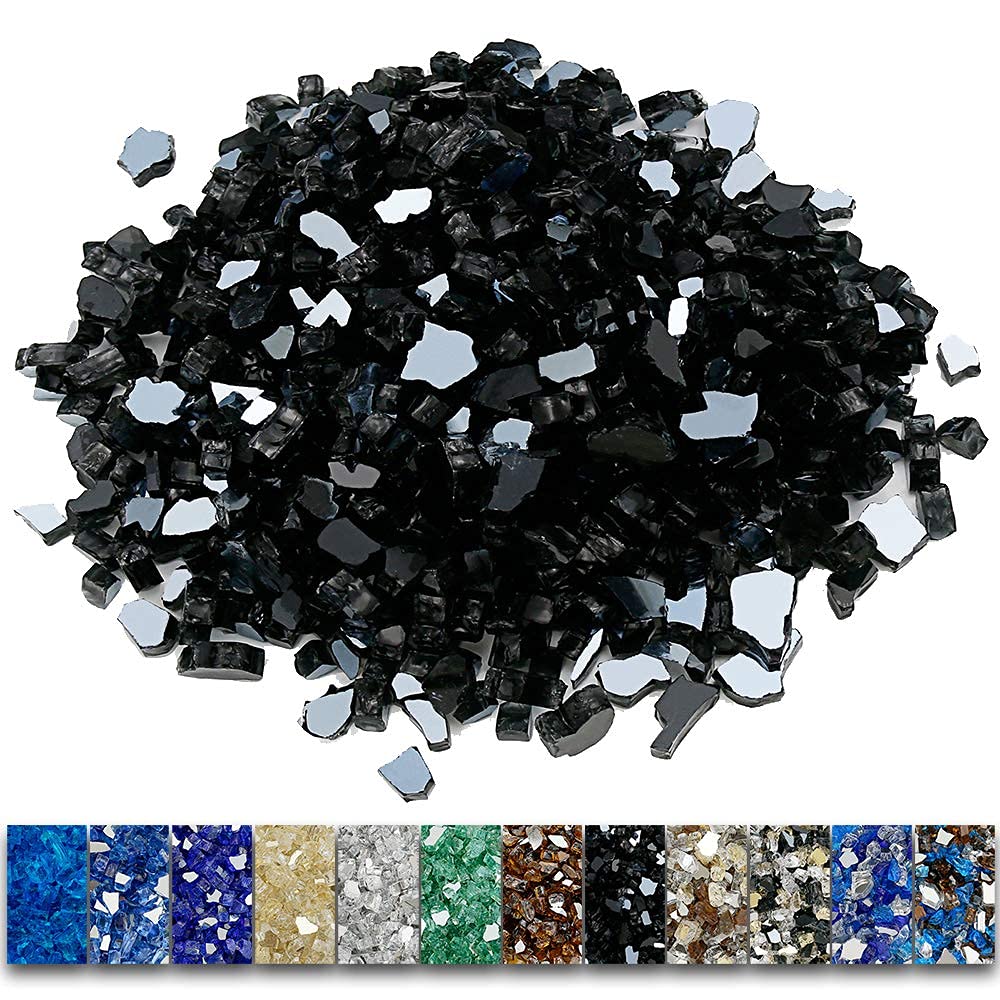 Grisun Onyx Black Fire Glass For Fire Pit, 1/2 Inch High Luster Reflective Tempered Glass Rocks For Natural Or Propane Fireplace