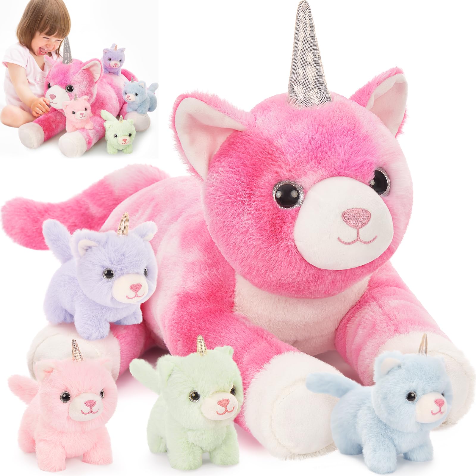 Morismos Unicorn Kitty Cat Stuffed Animal With Kitten Babies,24' Caticorns, Rainbow Unicorn Kitty Cat Toys For Girl Boy Kids,Mo