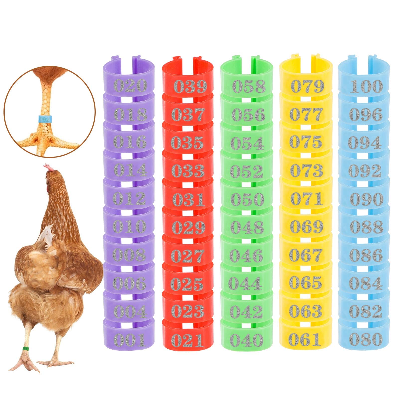 16Mm 100 Pcs Chicken Leg Rings - Colorful Readable Numbered Chicken Identification Leg Bands, Durable Poultry Leg Bands Clip On