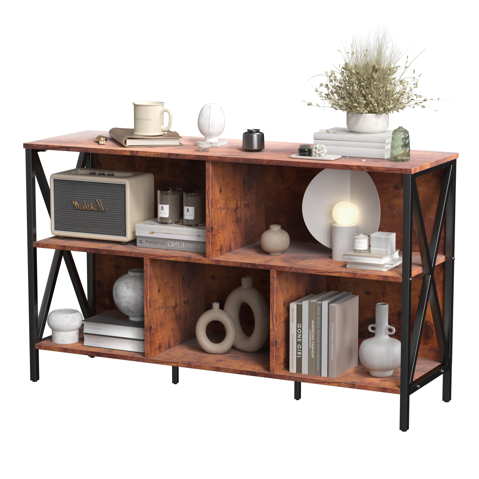 5 Cube Storage Organizer Shelf,Industrial Horizontal Bookshelf,Short Wide Cubby Bookcase,Low Large Book Shelf Metal Storage Orga