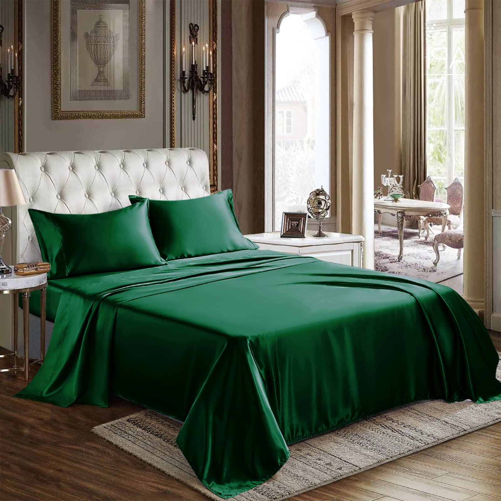 Cozylux Satin Sheets Full Size - 4 Piece Dark Green Bed Sheet Set With Silky Microfiber, 1 Deep Pocket Fitted Sheet, 1 Flat Shee