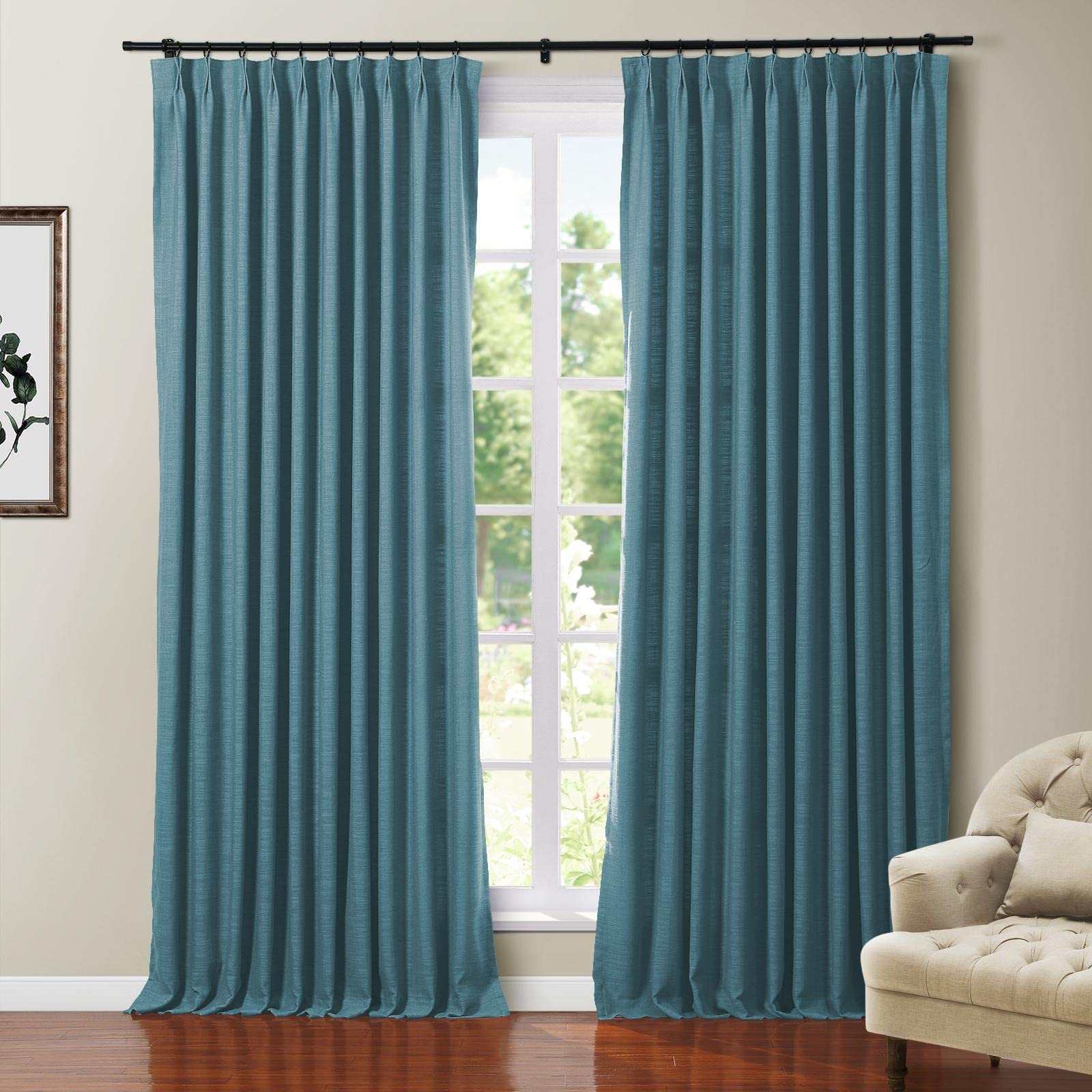 Twopages Faux Linen Turquoise Blackout Thermal Insulated Curtain For Living Room Guest Room With Pinch Pleat And Back Tab Top Pr