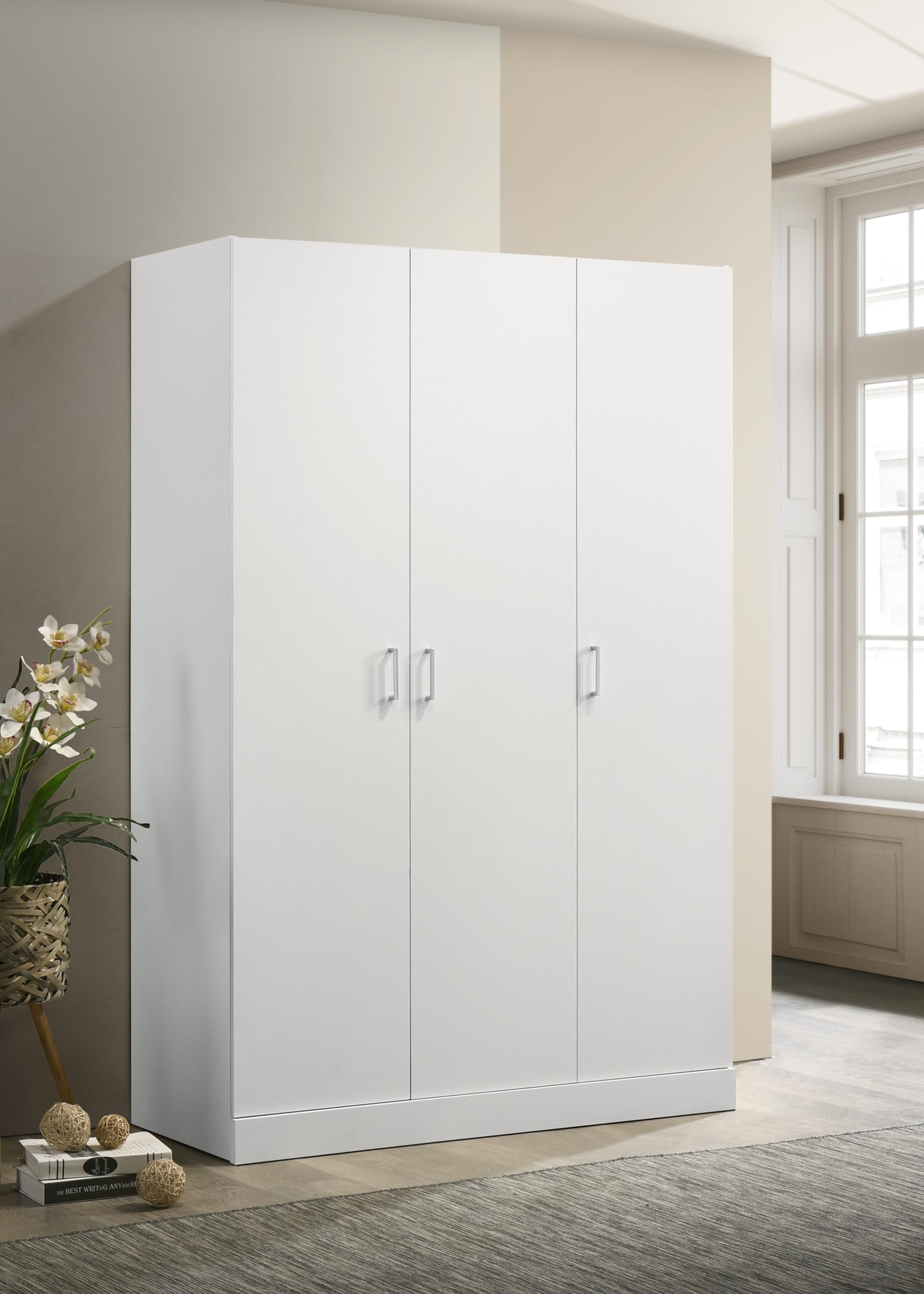 LILOLA LIVING Declan White 3-Door Wardrobe Cabinet Armoire with Storage Shelves and Hanging Rod