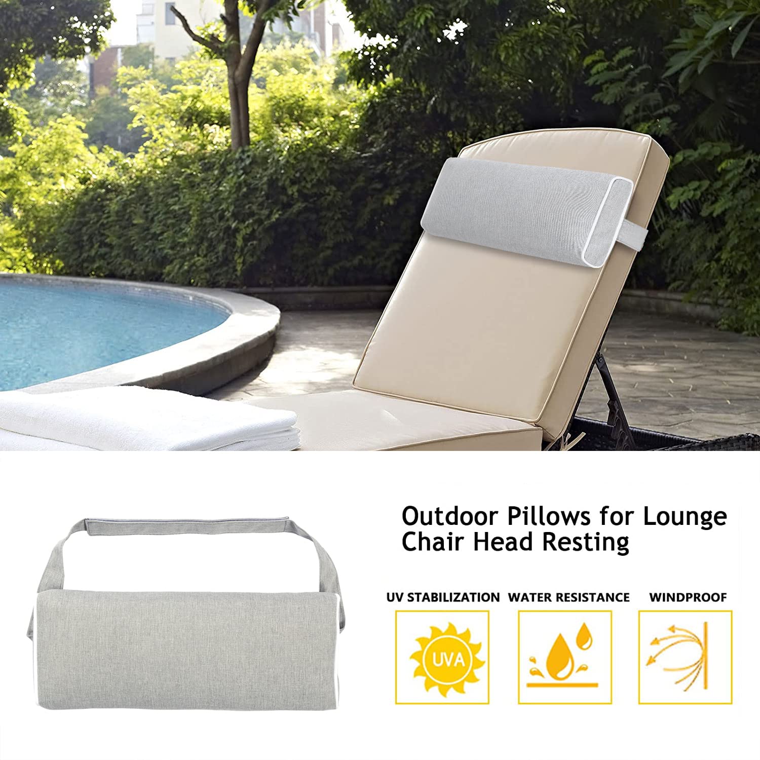 Enipate Outdoor Chaise Lounge Head Pillow, Pack Of 2 Water Resistant Headrest Pillows With Elastic Band For Pool Patio Chairs