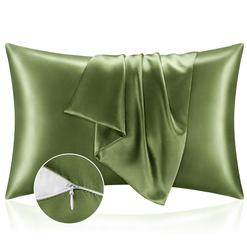 Bedelite Satin Pillowcase With Zipper, Cedar Green Pillow Cases Queen Size Set Of 2, Super Soft And Cooling Similar To Silk Pill