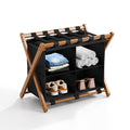 MHACVVO Bamboo Luggage Rack with 4 Storage Compartments, Foldable Suitcase Stand for Guest Room, 150lbs Capacity, Sturdy, Space