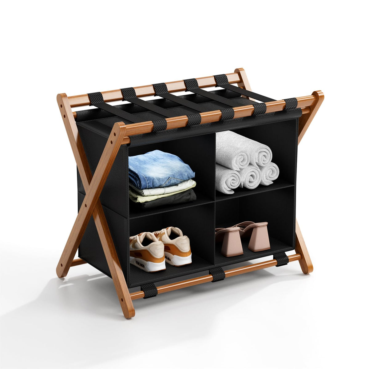 MHACVVO Bamboo Luggage Rack with 4 Storage Compartments, Foldable Suitcase Stand for Guest Room, 150lbs Capacity, Sturdy, Space
