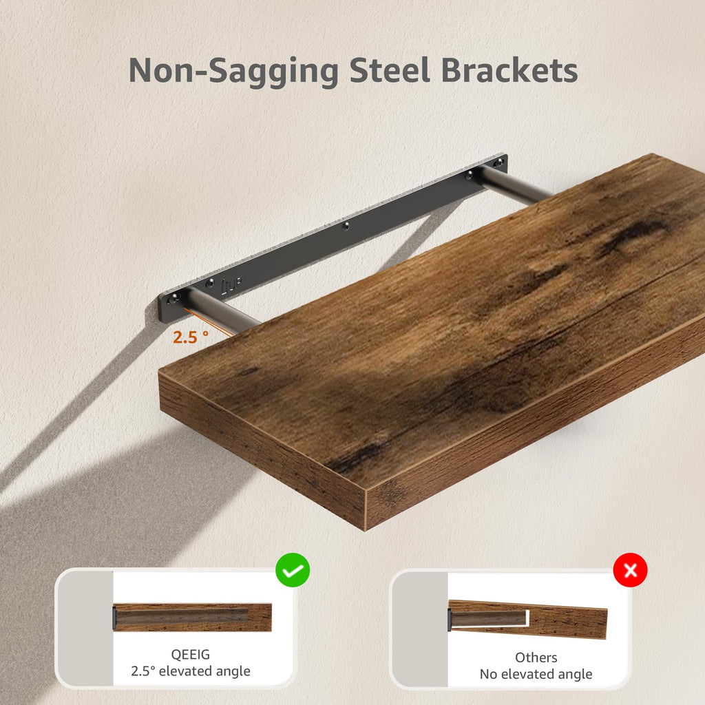 QEEIG Floating Shelves Rustic Brown Engineered Wood 24 x 9 inch Set of 2 Mounted Bathroom Shelves