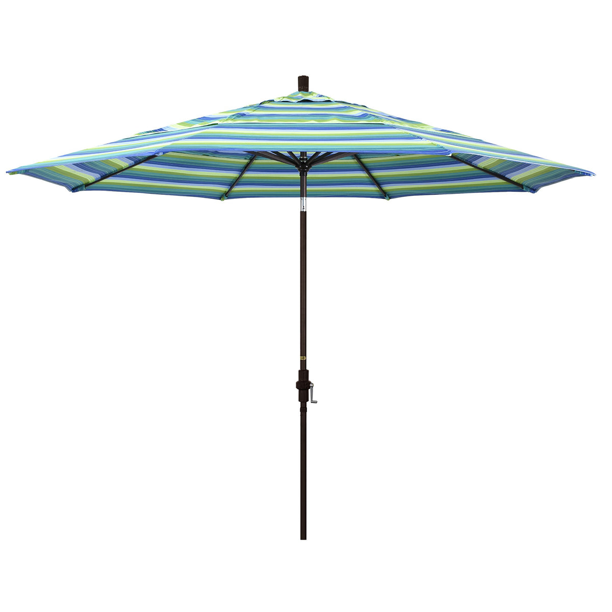 California Umbrella 11' Round Aluminum Market Umbrella, Crank Lift, Collar Tilt, Bronze Pole, Sunbrella Seville Seaside