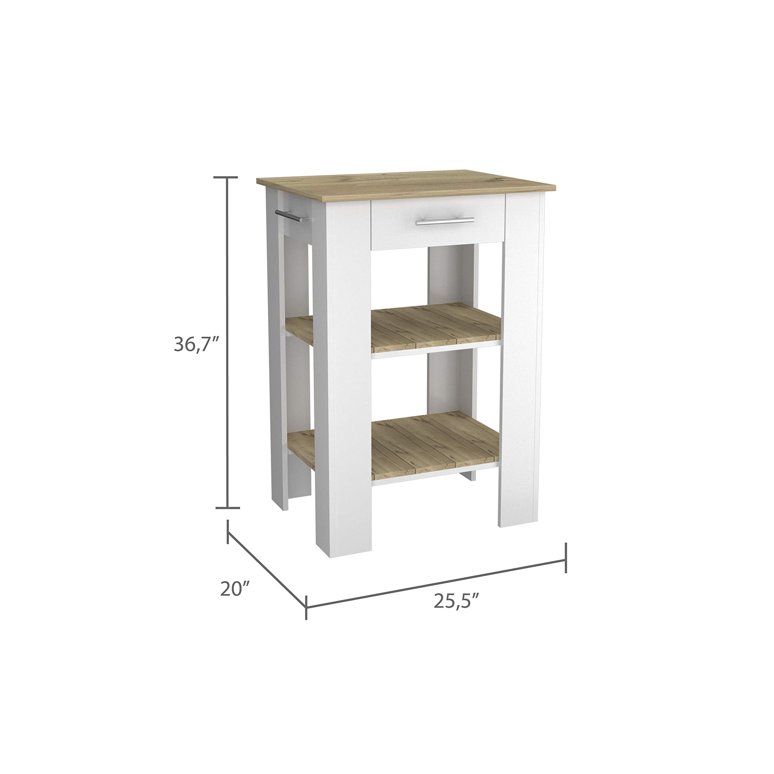 Delos 23 Kitchen Island with Drawer, Towel Rack, and 2 Open Shelves, White/Light Oak