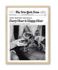 iHery Every Hour is Happy Hour Framed Trendy NewsPaper Wall Art, Natural OAK Wood 12x16in Canvas Wall Decor For Bedroom, Retro N