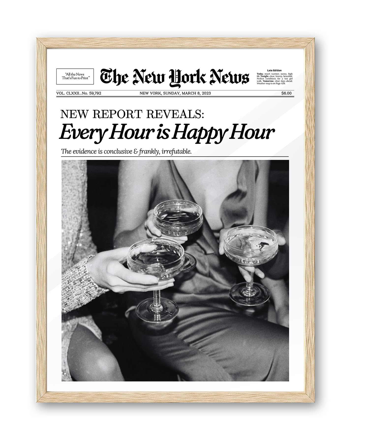 iHery Every Hour is Happy Hour Framed Trendy NewsPaper Wall Art, Natural OAK Wood 12x16in Canvas Wall Decor For Bedroom, Retro N