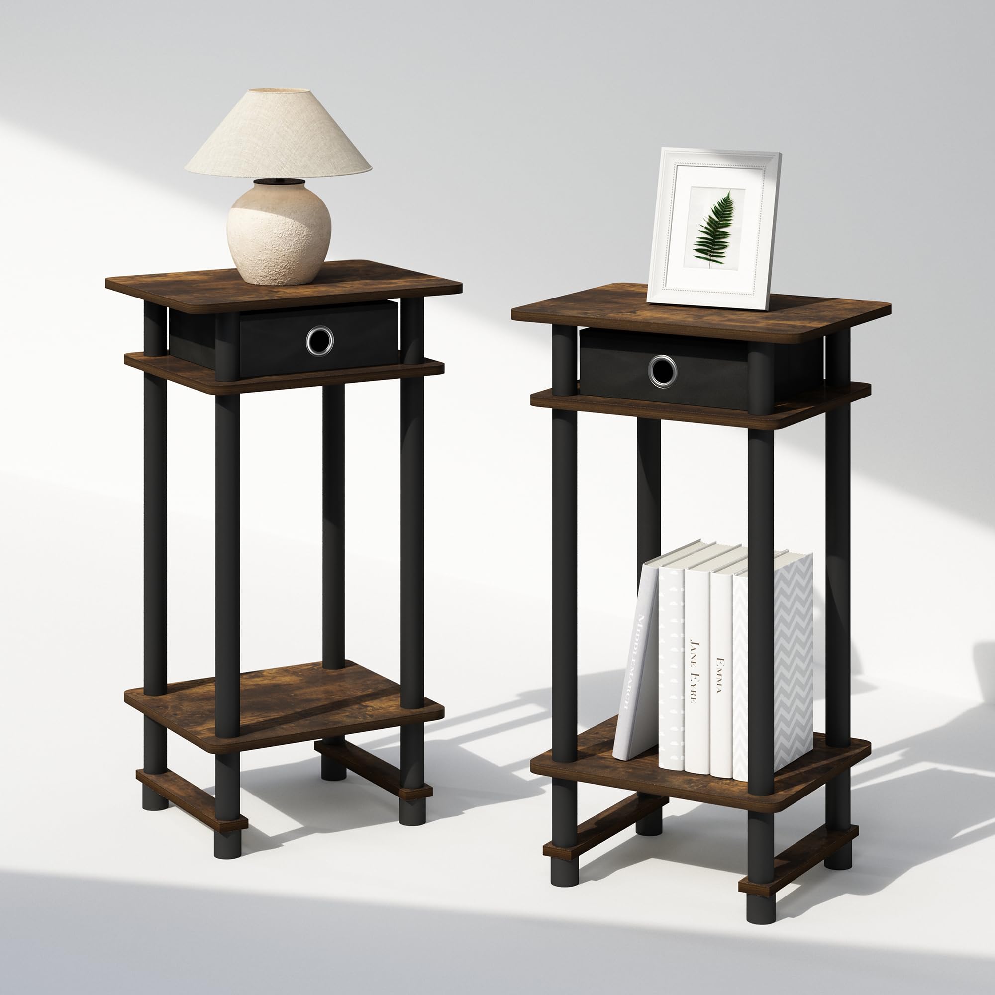 Furinno Turn-N-Tube Tall Nightstand With Bin, 2-Pack, Plastic Poles, Amber Pine/Black