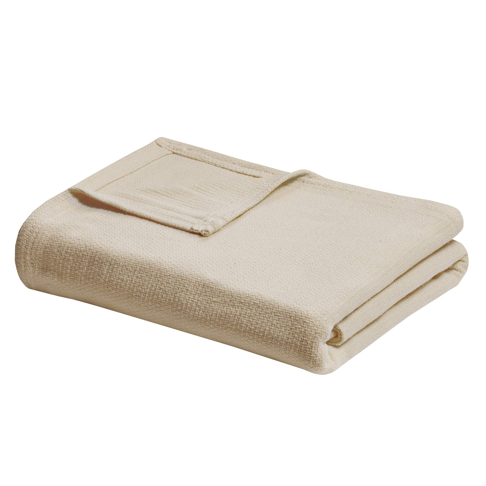 Madison Park Freshspun Basketweave Luxury Cotton Blanket Natural 66X90' Twin Size Basketweave Premium Soft Cozy 100% Cotton For Bed, Couch Or Sofa