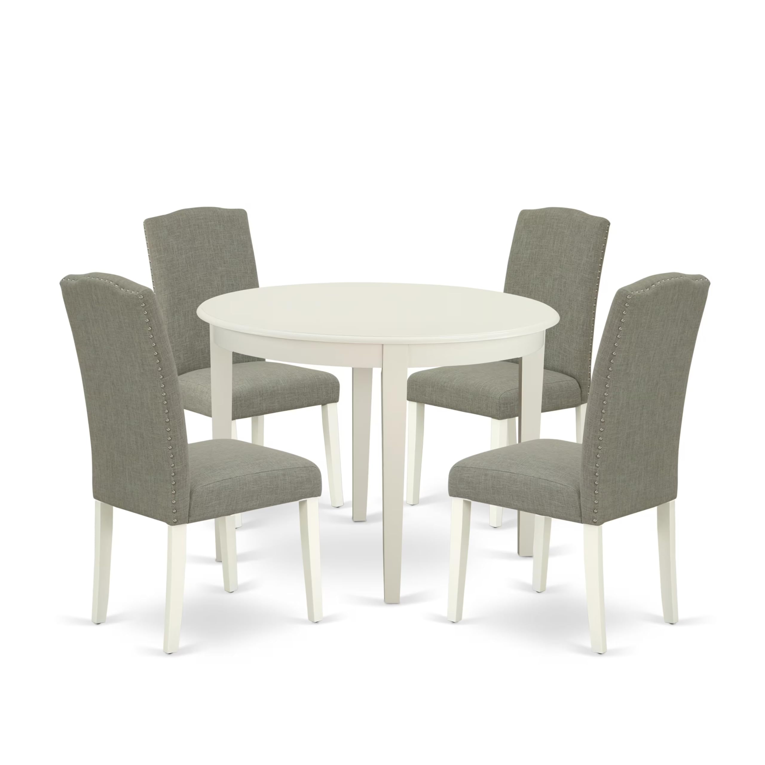 East West Furniture Boen5-Lwh-06 5 Piece Dinette Set For 4 Includes A Round Kitchen Table And 4 Dark Shitake Linen Fabric Parson Dining Room Chairs, 42X42 Inch, Linen White